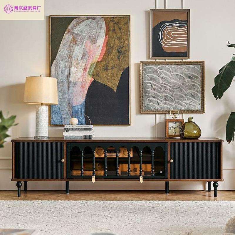 法式各沃复古实木电视柜黑色美式小户型客厅储物柜古风家具