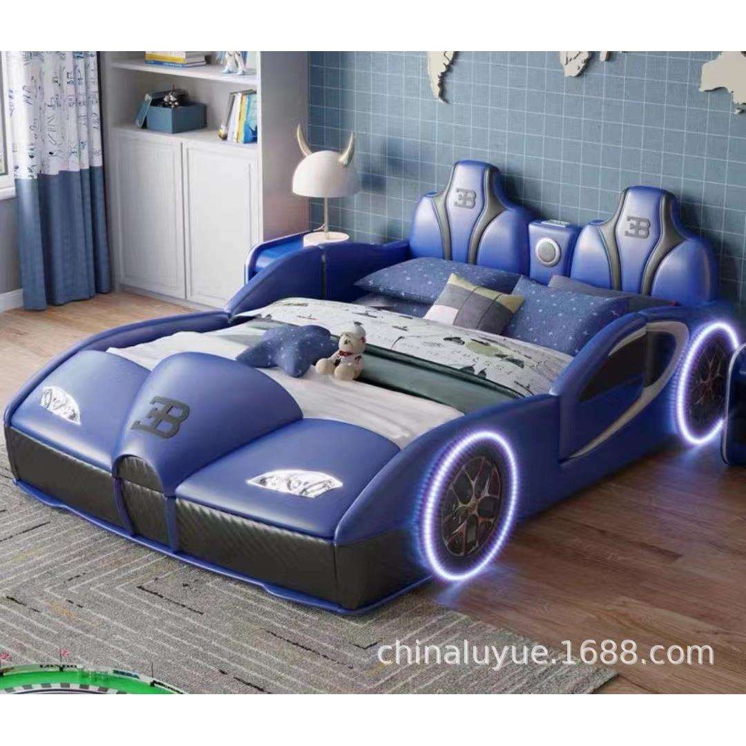 LED卡通儿童床男童汽车床蓝色创意实木床男孩单人床赛车双人床