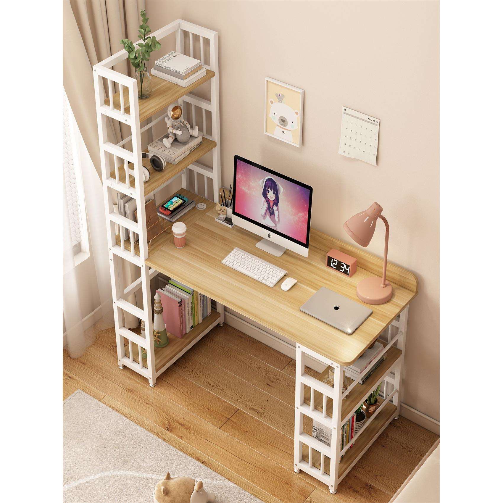 电脑桌台式家用书桌书架一体桌现代学生卧室写字学习桌奶油风桌子
