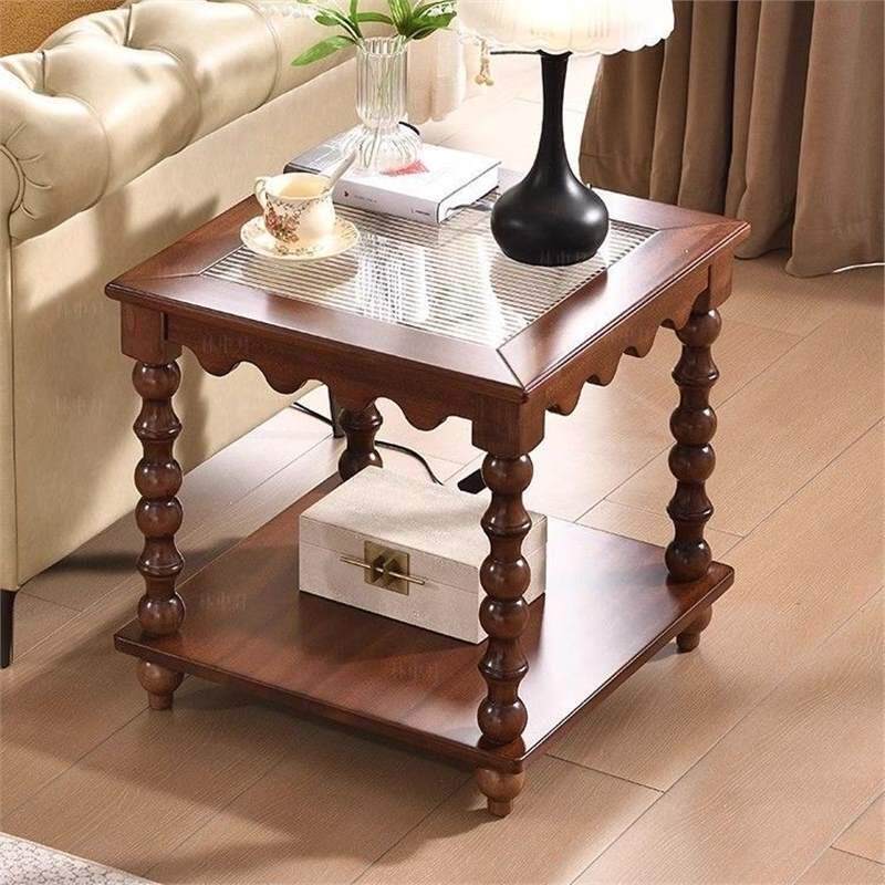 中古风茶几实木方几客厅家用复古长方形玻璃边几沙发双层置物角几