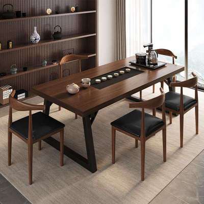 新中式茶桌椅组合嵌入式石茶盘一体仿实木色茶桌茶几办公室泡茶台