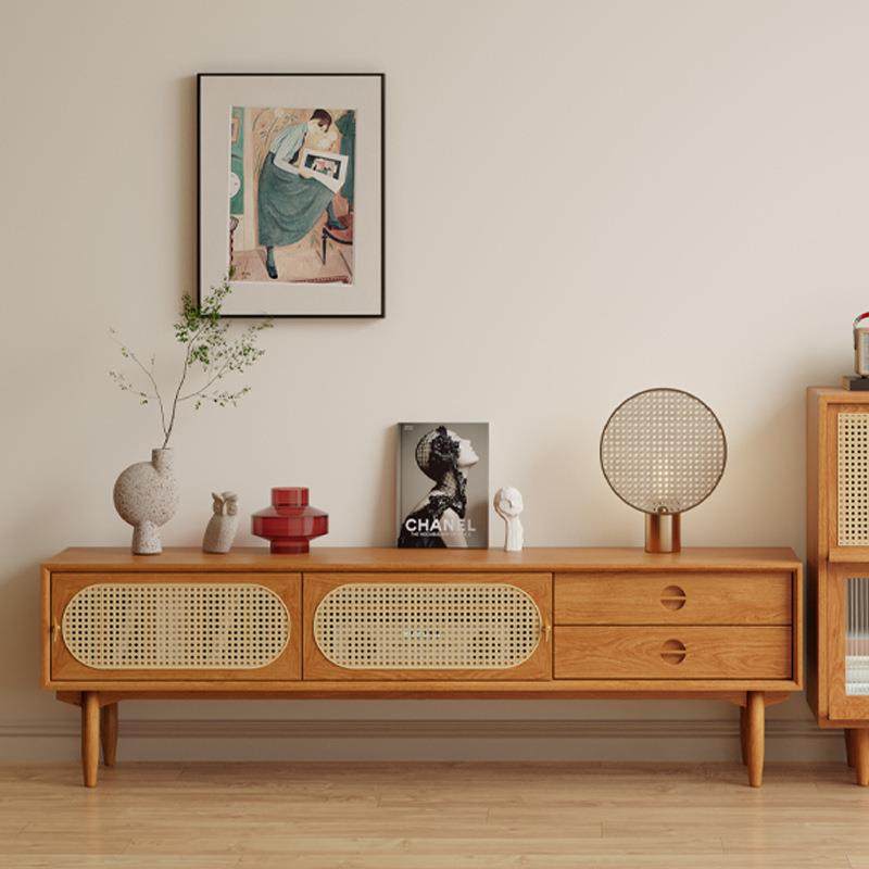 日式全实木电视柜家用客厅储物视听柜多功能带抽屉藤编置物矮柜