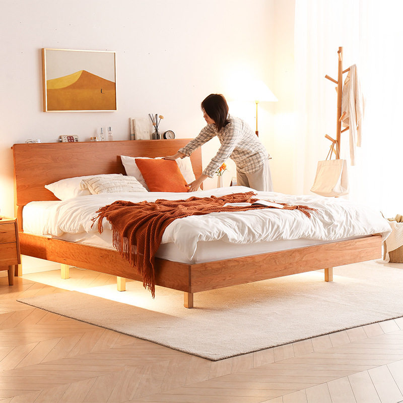 北欧实木床樱桃木简约日式小户型1.5单人主卧1.8米悬浮双人床婚床