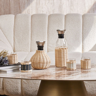 梵茜家居藤编系列编织食品级304不锈钢冷水壶水杯套装 实用摆件