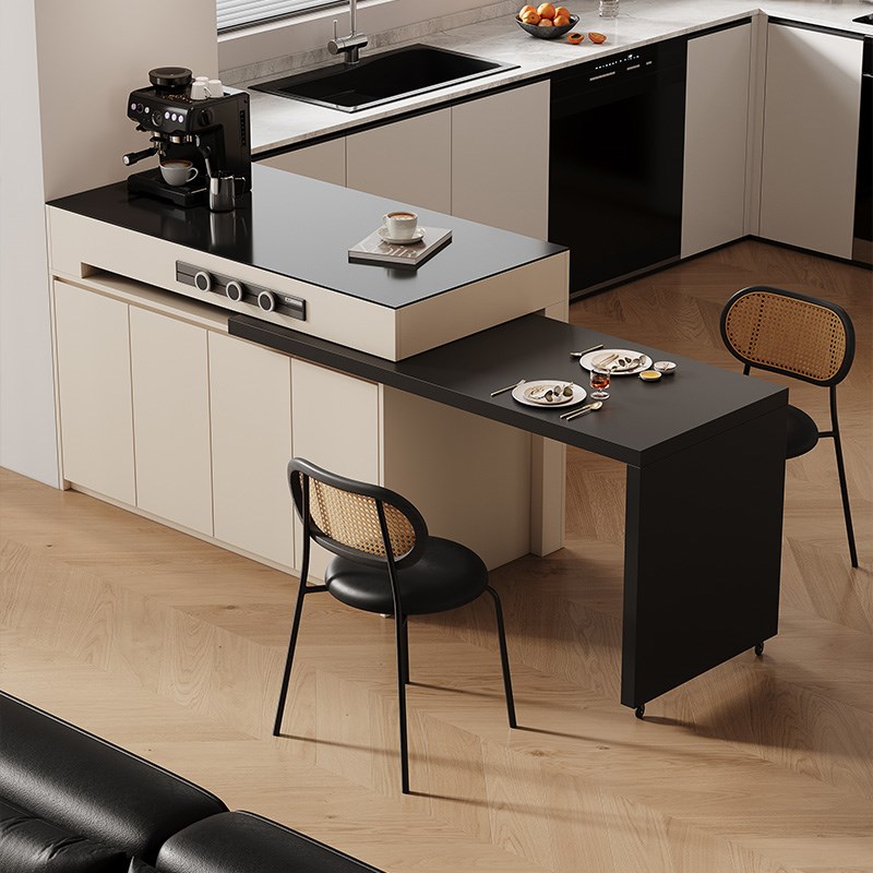 高端中古风岩板岛台餐桌一体家用可伸缩开放式厨房小W户型旋转吧