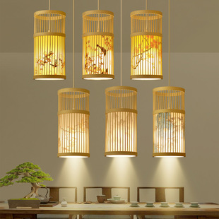 网红新中式饭厅包间竹编小吊灯日式餐饮火锅店包厢竹艺灯笼带射灯