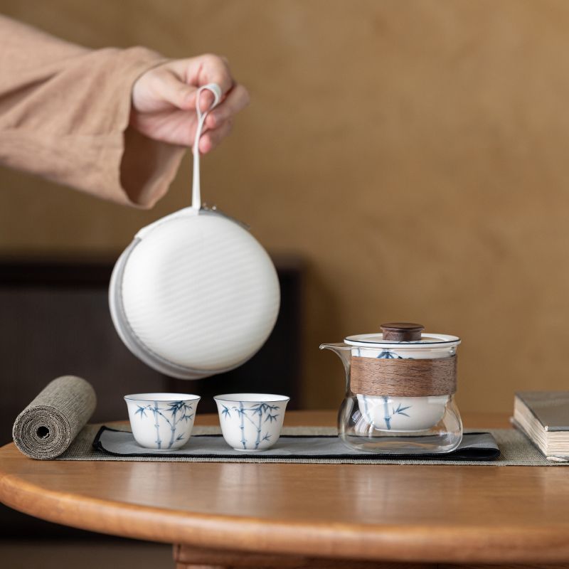 白瓷手绘竹子陶瓷快客 轻奢便携旅行茶具套装随行杯户外泡茶