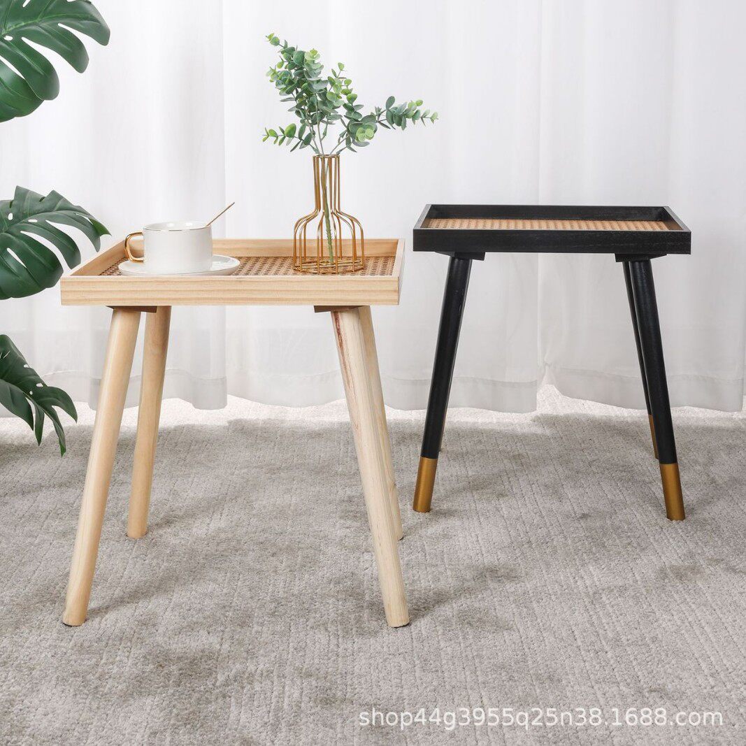 日式ins实木藤编小茶几民宿复古茶几客厅方形沙发边几轻奢小角几
