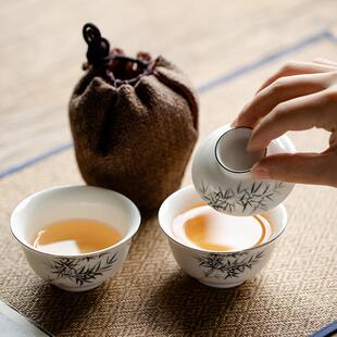 且来手绘墨竹便携式旅行茶具套装收纳包盖碗茶杯户外一壶一杯快客