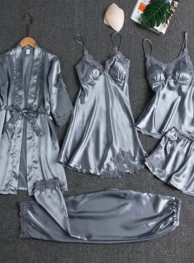 Pajama women's long sleeved shorts five piece set浴袍家居服