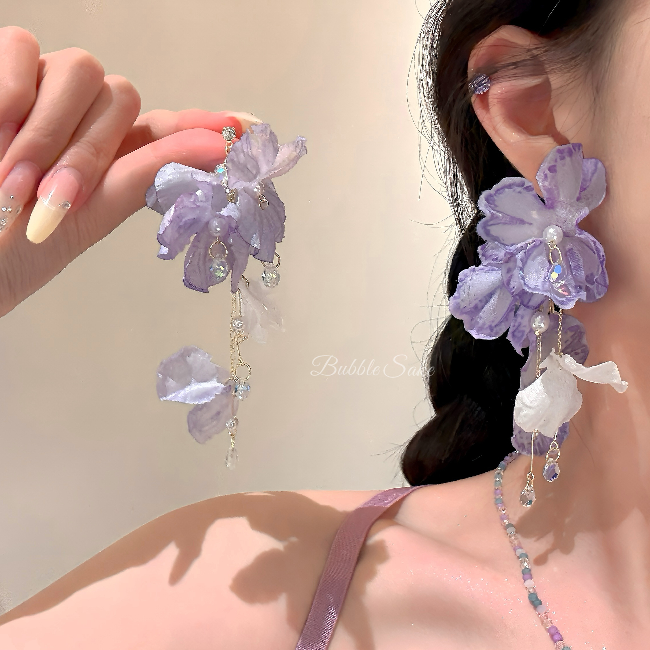 梦若芳华 超仙紫色花朵流苏耳环女夏天高级感度假风夸张耳钉耳饰