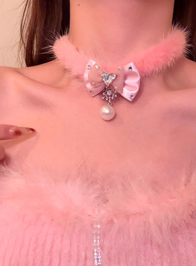 北海道恋人雪花粉色毛绒choker