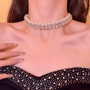 里昂大小姐 多层闪锆珍珠choker颈链高级感锁骨链晚礼服项链配饰
