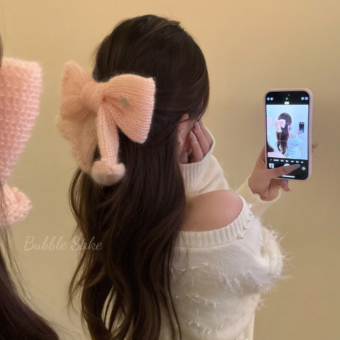 【原创】蜜桃欧尼粉 超大针织蝴蝶结发夹女后脑勺鸭嘴夹发卡头饰