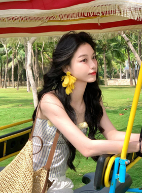 假日多巴胺 夏日黄色花瓣流苏耳环女海边度假风波西米亚花朵耳饰