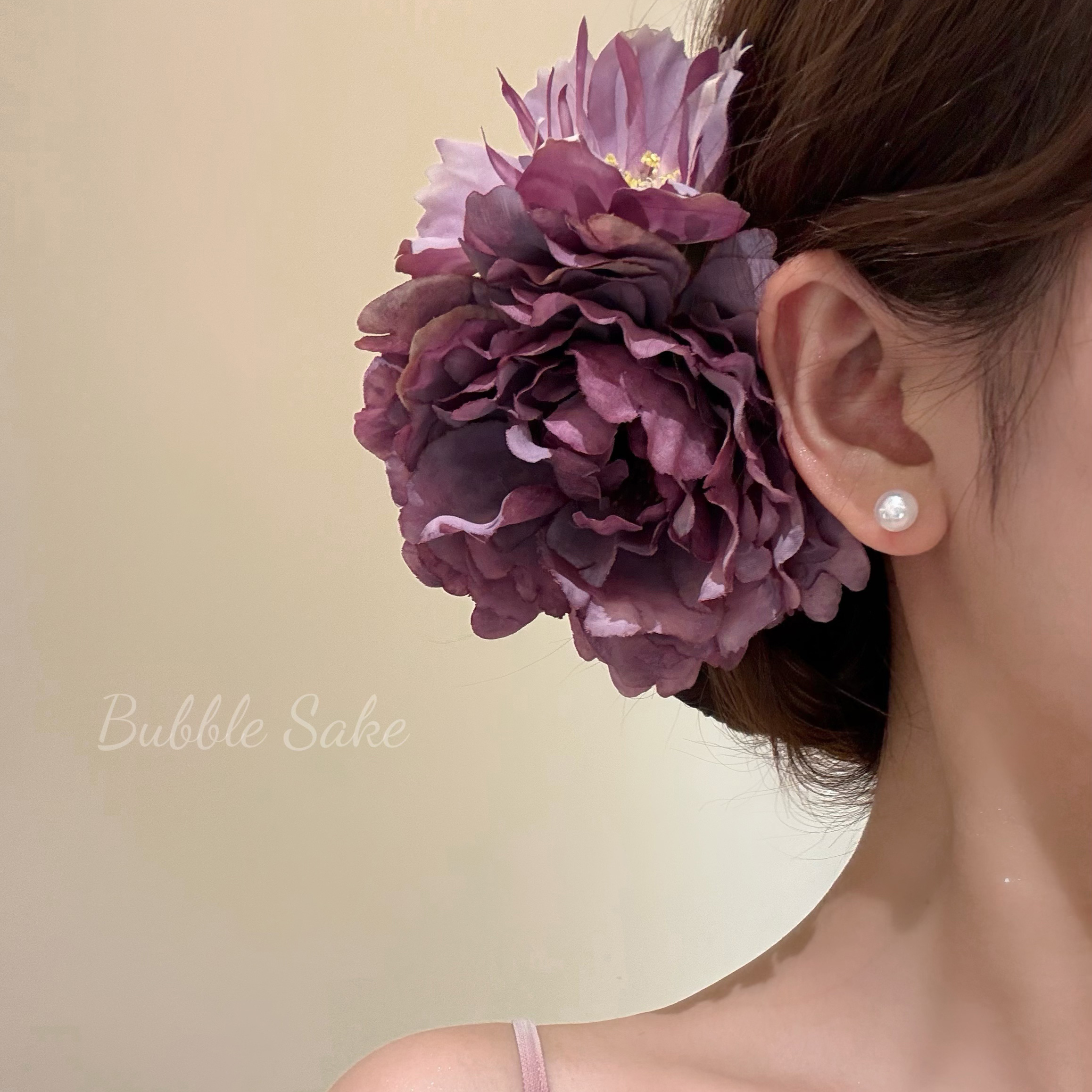 原创【微风紫黛】超仙紫色牡丹花朵发夹女边夹头花度假风发饰头饰