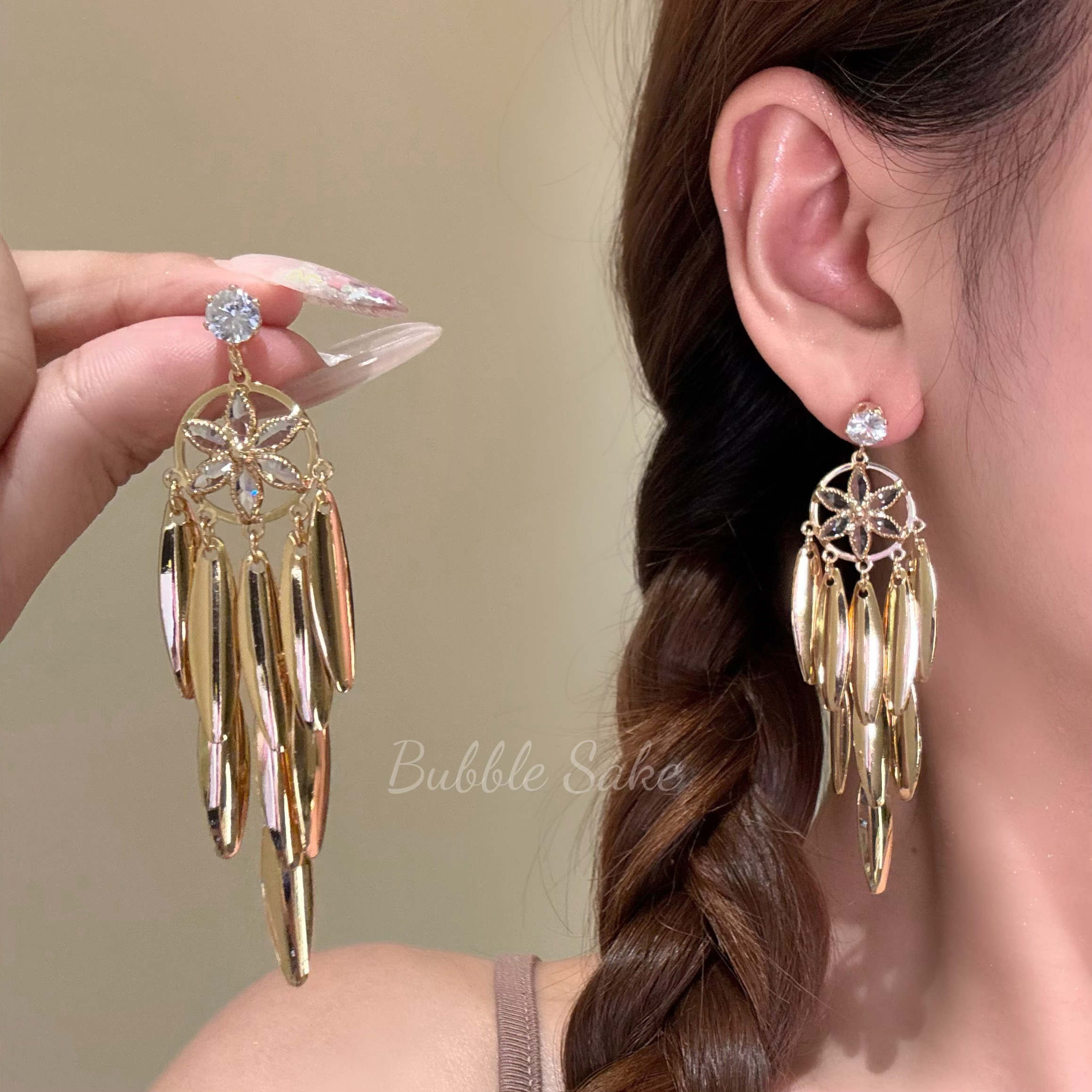 柏林遐想金色花朵流苏耳环