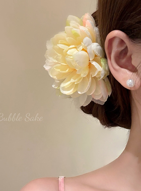 原创【皎皎玉莲】超仙黄色花朵发夹女海边氛围感侧边夹子头花发饰