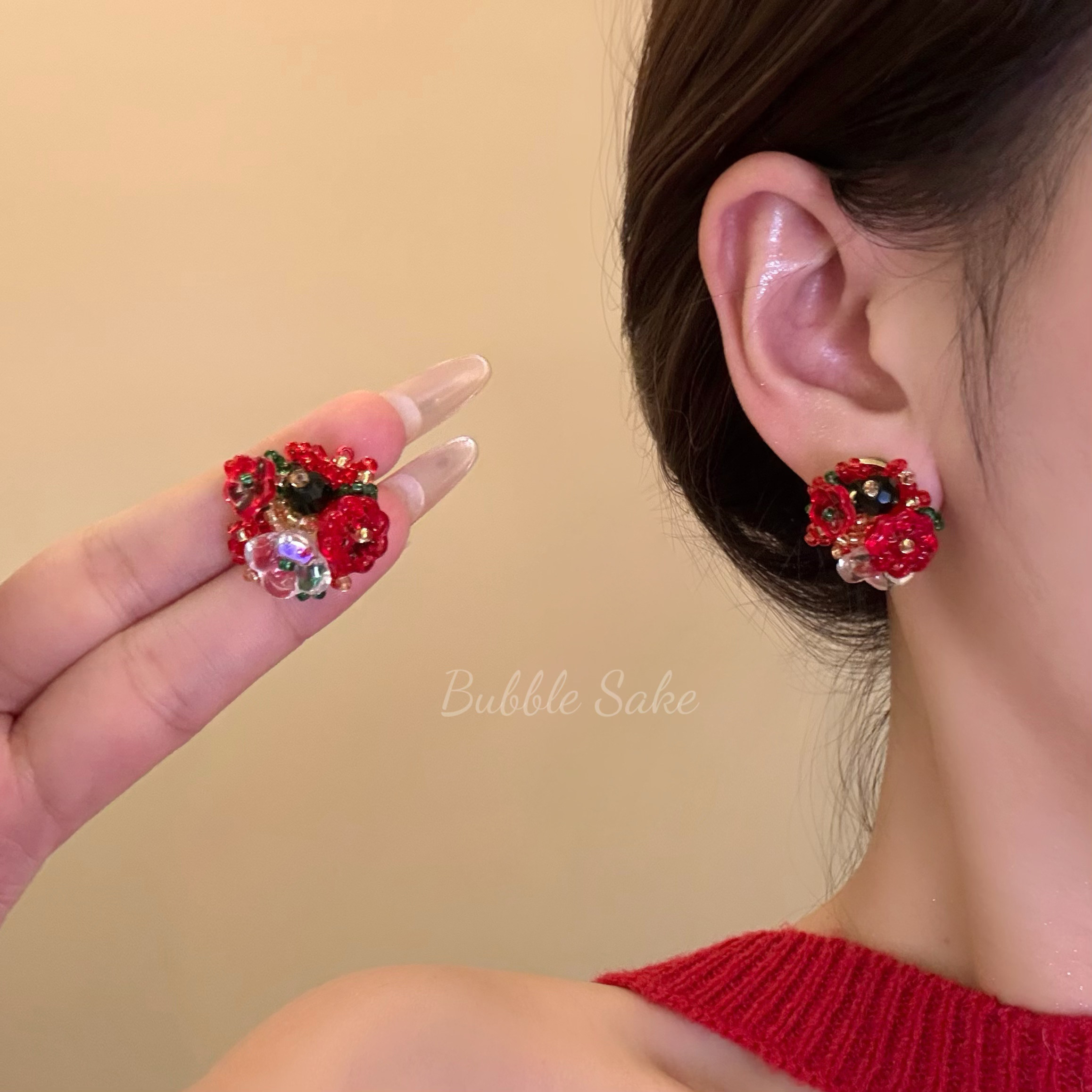 氛围感红色花朵串珠耳钉女秋冬独特小众高级感2025巨好看耳环耳饰,饰品/流行首饰/时尚饰品新,耳钉,淘宝优惠券,粉丝福利购,淘宝优惠卷