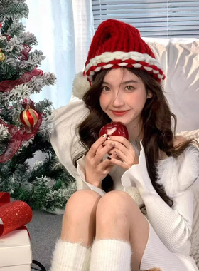 Bubble Sake秋冬红色粗针织帽2025新款圣诞保暖氛围拍照道具头饰