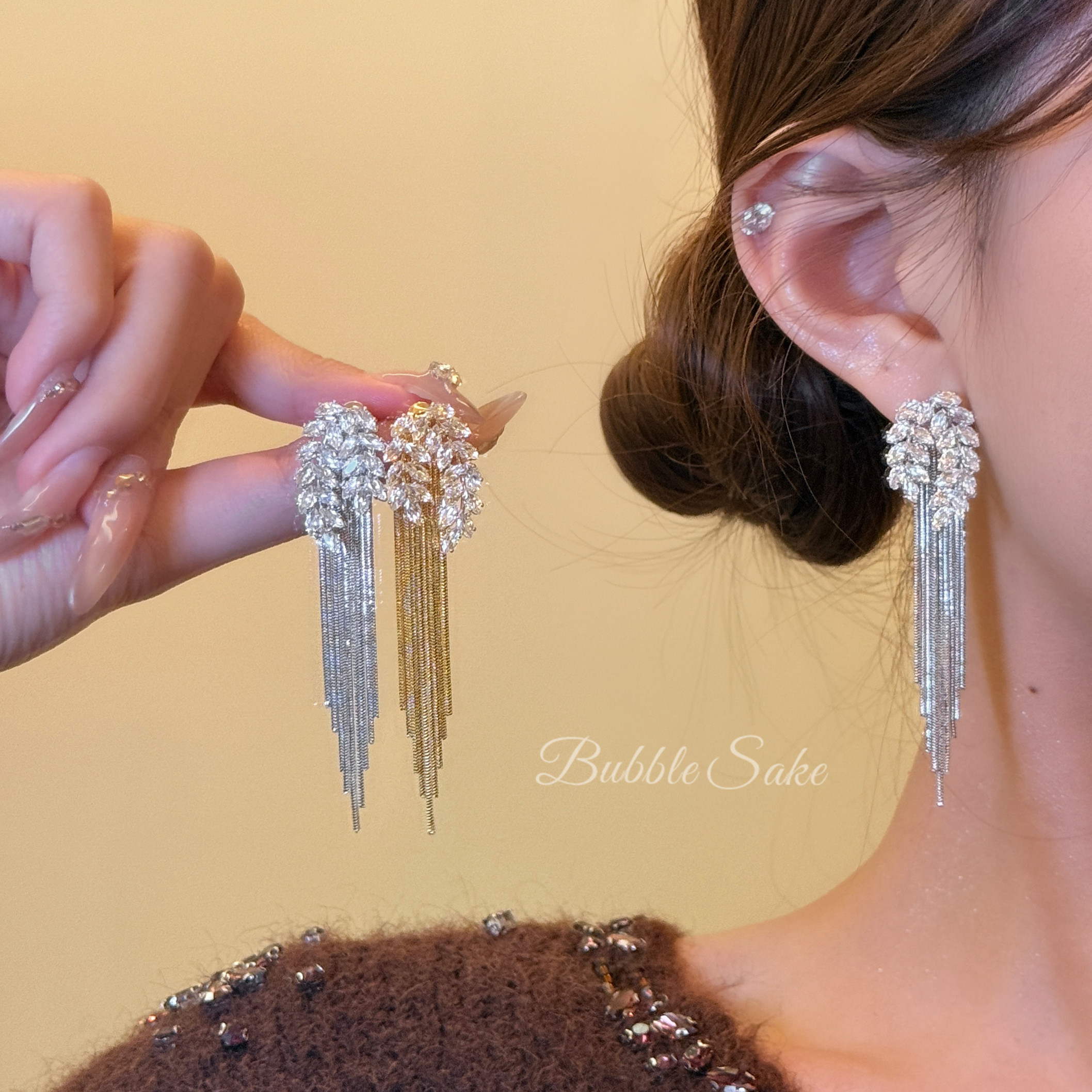 温莎格调 金色长款麦穗锆石流苏耳环女轻奢高级感耳钉晚礼服耳饰