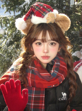 可爱毛绒小熊圣诞帽子发箍女洗脸头箍迪士尼达菲熊拍照秋冬头发饰