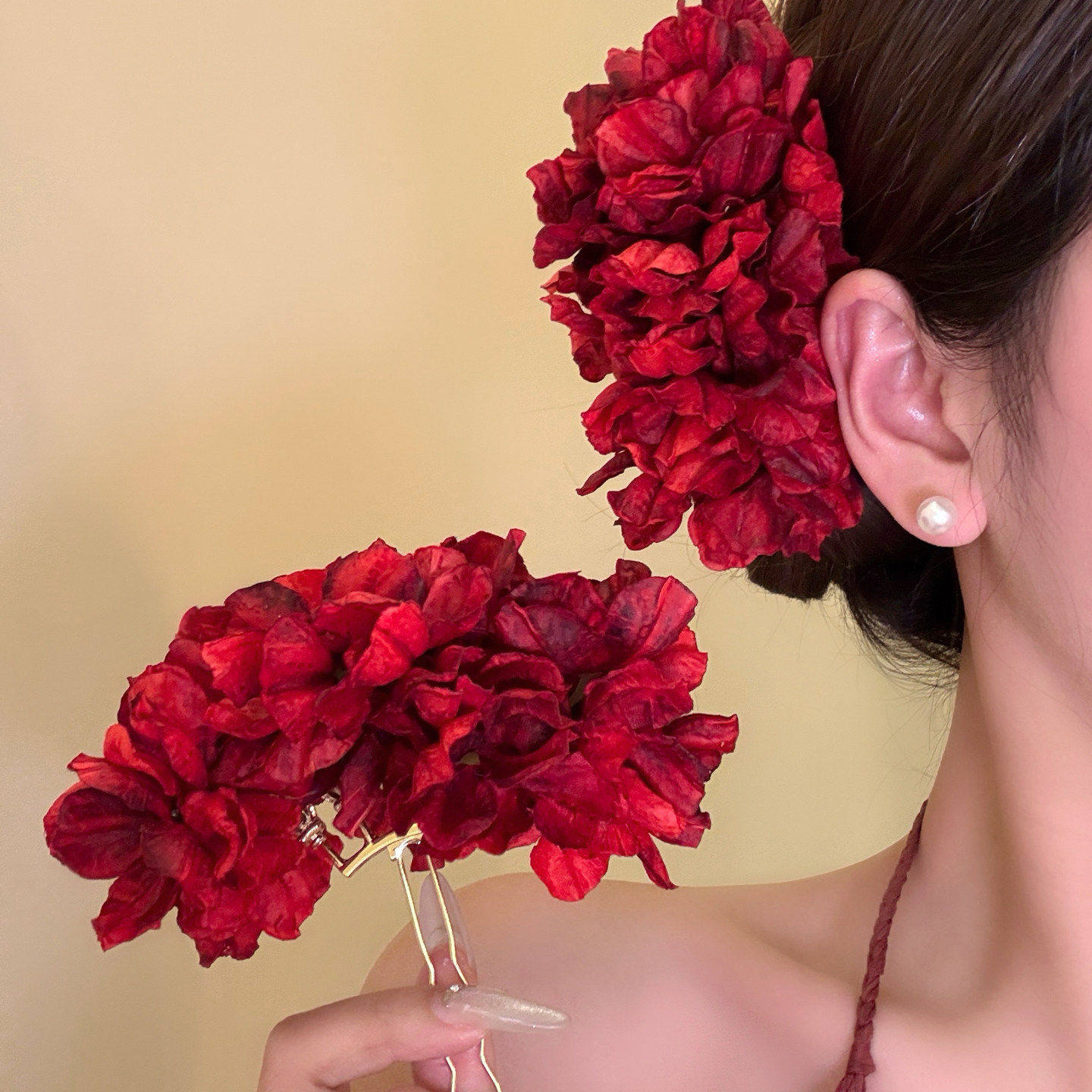 香氛玫瑰 新中式红色花朵发簪发钗女古风汉服侧边夹发饰订婚头花