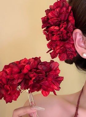 香氛玫瑰 新中式红色花朵发簪发钗女古风汉服侧边夹发饰订婚头花