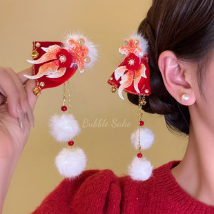 好运锦鲤  新年红色刺绣福袋毛绒流苏发夹女古风汉服侧边夹头发饰