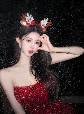 Happy圣诞夜！可爱咖色鹿角发箍女圣诞节氛围感拍照装扮头饰发饰