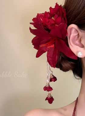 原创【玫馥花集】新中式红色花朵流苏发夹女古风旗袍边夹头花发饰
