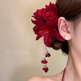 原创【玫馥花集】新中式红色花朵流苏发夹女古风旗袍边夹头花发饰