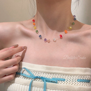 彩虹糖 夏日多巴胺彩色水晶串珠项链女高级感小众度假风锁骨链