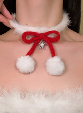 圣诞节毛绒蝴蝶结雪花吊坠choker
