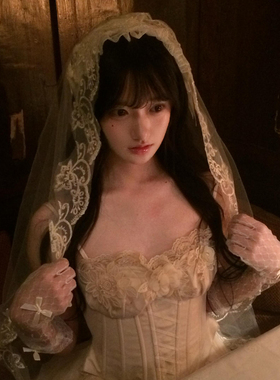 人偶新娘 万圣节发饰白色蕾丝头纱女洛丽塔cos鬼新娘装扮网纱头饰