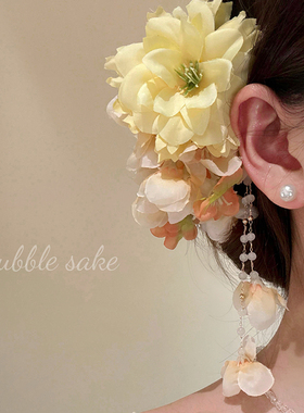 原创【盛夏黄玫瑰】超仙黄色花朵流苏发夹侧边夹头花旗袍发饰头饰