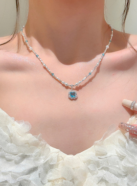 仲夏湖蓝蓝色锆石碎银珍珠项链