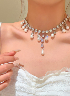 浪漫甜宠镶钻珍珠流苏项链