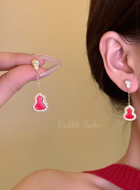 新年红福禄 满钻红色葫芦吊坠耳钉女轻奢小众高级感气质耳环耳饰