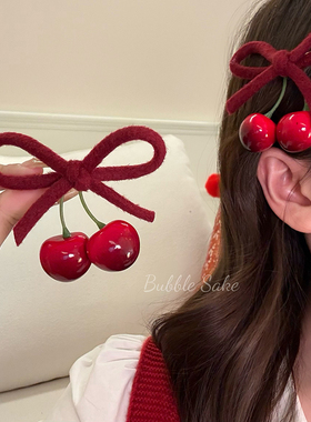 圣诞cherry 红色蝴蝶结樱桃发夹2025新款节日氛围感发卡穿搭头饰