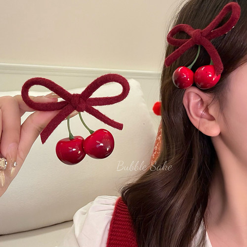 圣诞cherry红色蝴蝶结樱桃发夹