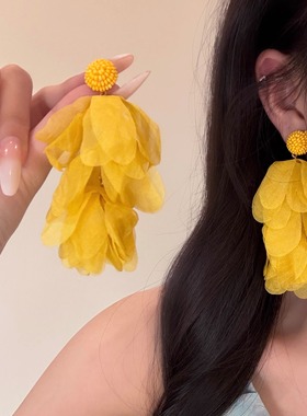 海边度假黄色花瓣流苏耳环适合方圆脸2025新款波西米亚风花朵耳饰