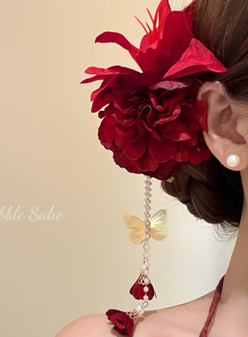 人间富贵花 花朵蝴蝶流苏发夹女侧边夹发卡夏天海边拍照度假发饰