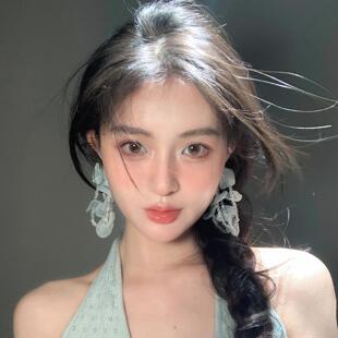 度假风薄荷曼波绿色水晶花朵流苏耳环夸张高级小众设计欧根纱耳钉