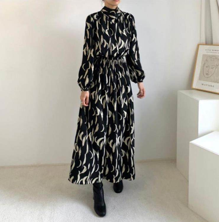 跨境热销2023韩国chic 树叶印花连衣裙领结系带长裙Long dress