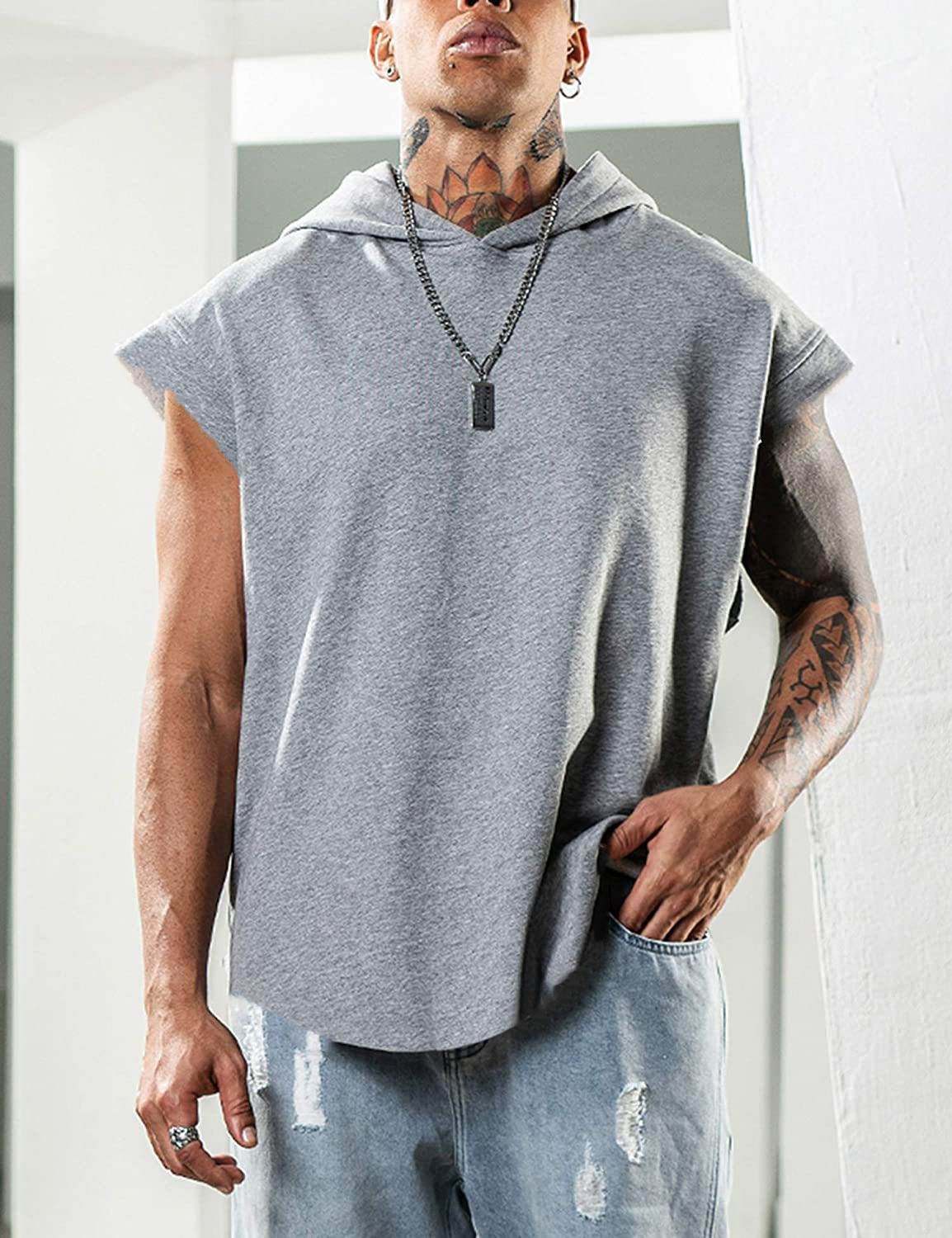 外贸男装2024夏季男印花连帽运动无袖马甲大码宽松T恤Men T-Shirt
