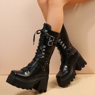 Lace up thick heel midsole boots Punk female knights shoe 靴