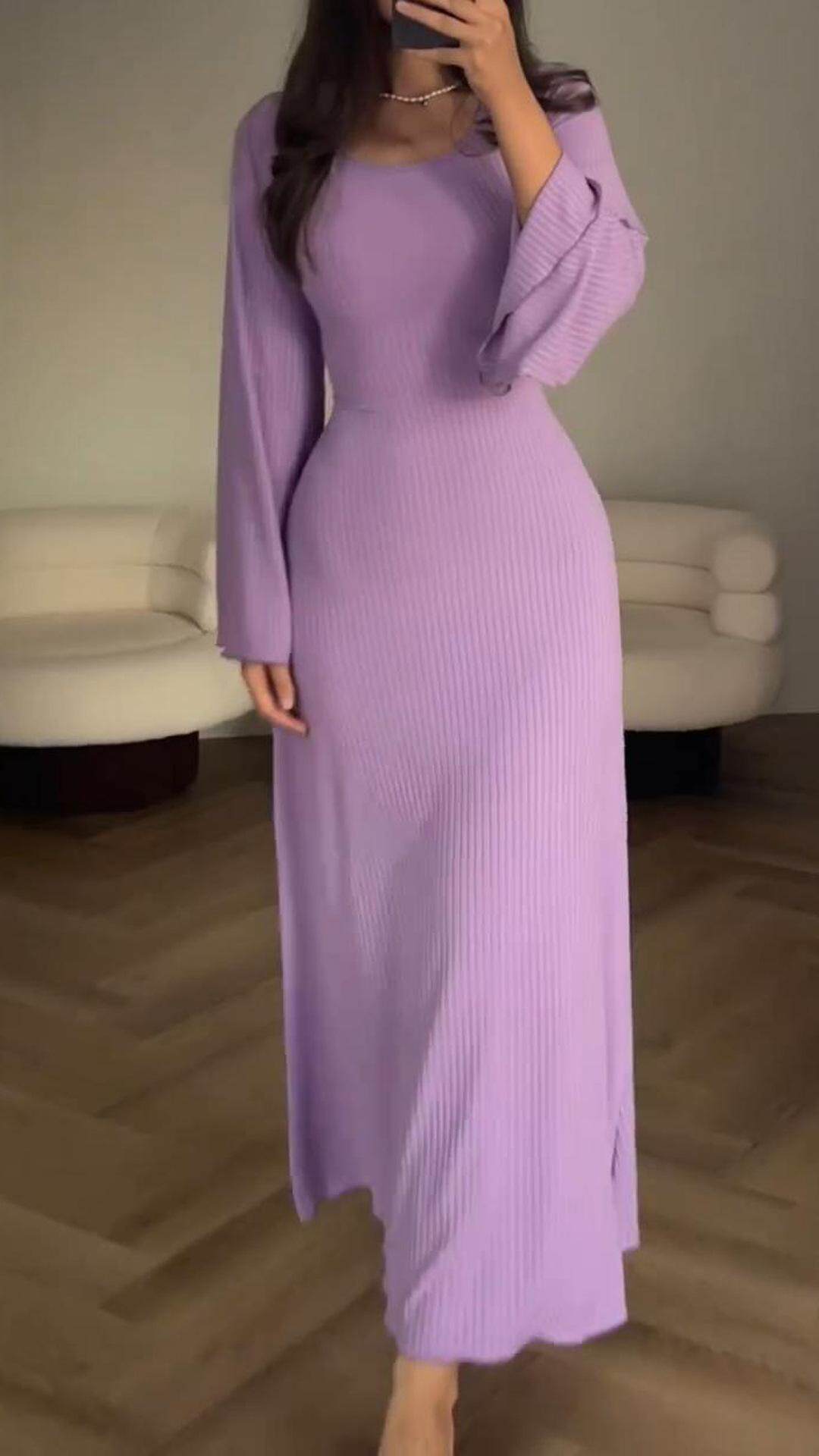 Cross border long sleeved slit loose fitting dress for women