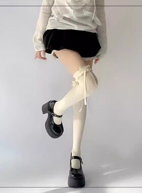 奶白色蕾丝花边袜子女lolita长筒过膝袜jk甜美蝴蝶结薄款大腿袜