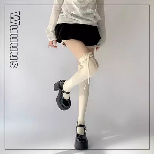 奶白色蕾丝花边袜子女lolita长筒过膝袜jk甜美蝴蝶结薄款大腿袜